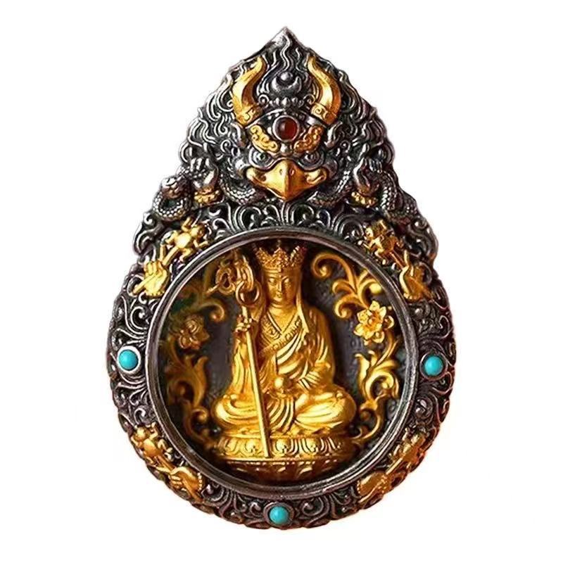 Tibetan Gilt Pendant Necklace - 8 Guardians, Yellow God of Wealth & Buddhas, Men's Unique Spiritual Jewelry