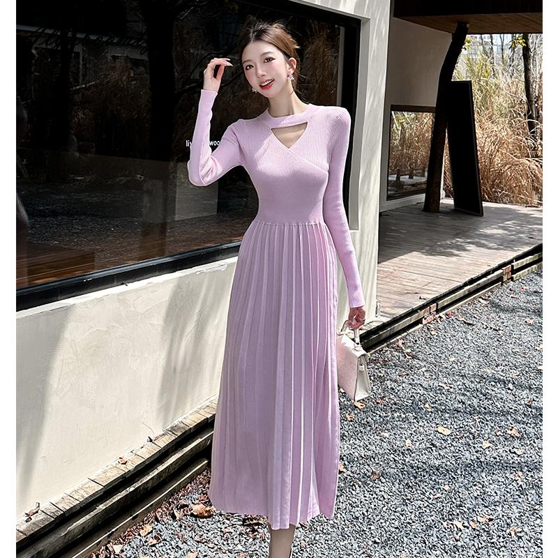 

Корейская мода осень-зима женское плиссированное платье-свитер ажурное черное красное хаки бежевое розовое фиолетовое трикотажное платье с длинным рукавом трикотажное платье One Size абрикосовый