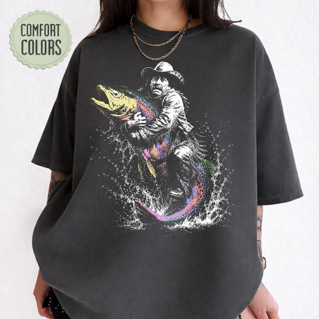 Cowboy Riding Rainbow Trout Shirt and kids tshirt, Vintage Western Fishing Graphic Tee