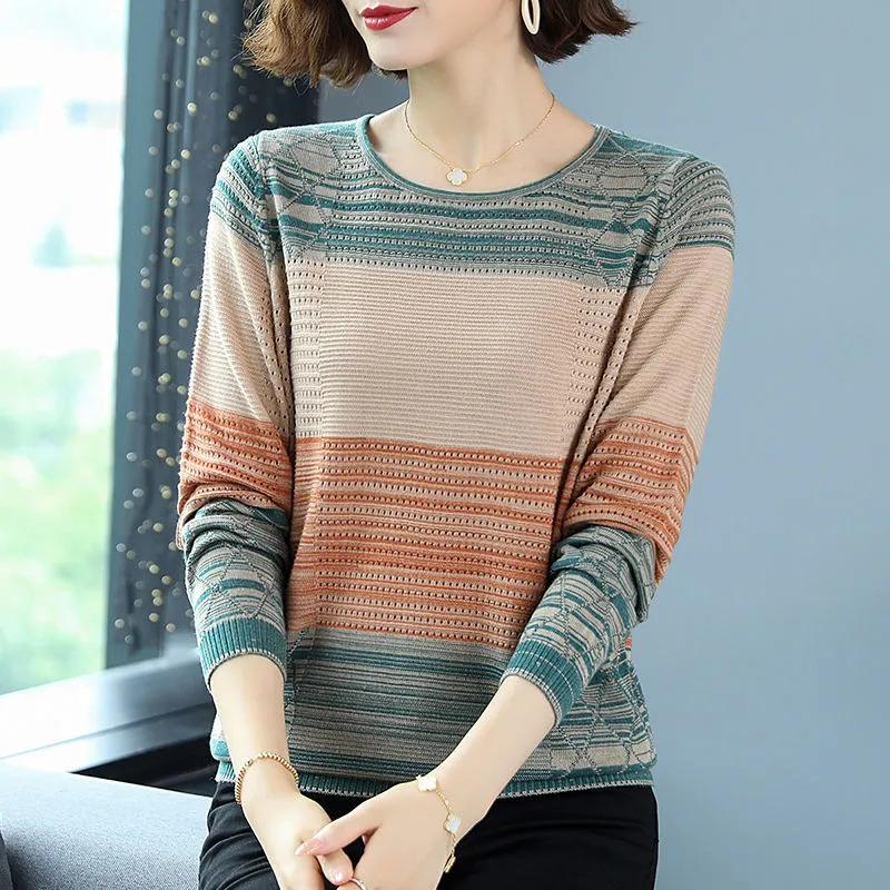 

Вязаная нижняя рубашка, футболка большого размера, весенние и осенние женские топы с круглым вырезом и длинными рукавами XS