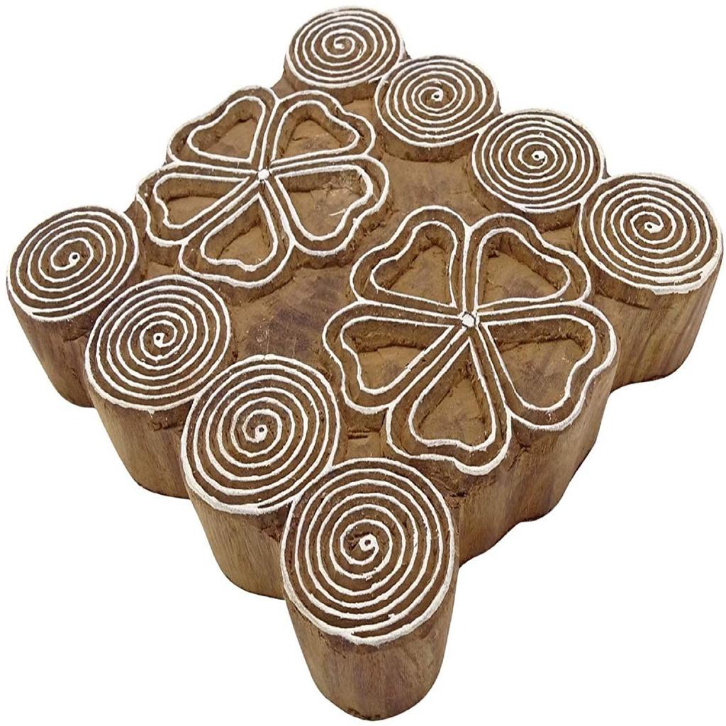 Floral Wooden Textile Stamp Brown Printing Block Art Indian Hand Carved
