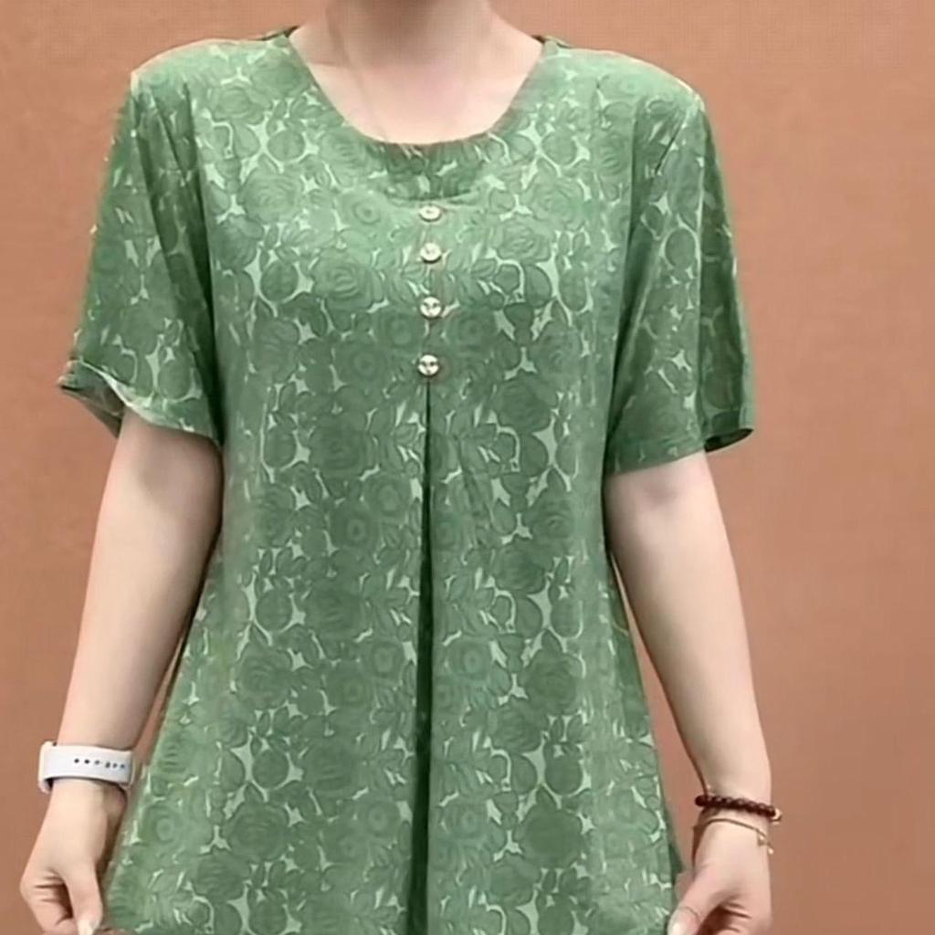 Stylowy żakardowy T-shirt z okrągłym dekoltem i rękawem 3/4 dla puszystych matek w średnim wieku i starszych