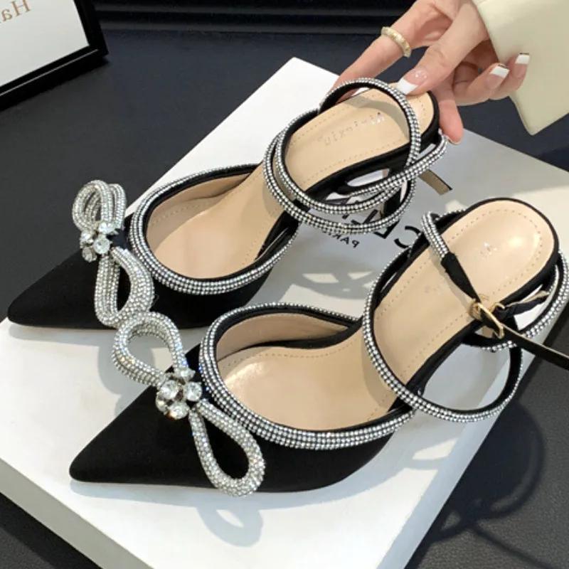 Luxury Rhinestone Bow High Heeled Sandal Women Elegant Summer Dress ankle strap Heels Shoe Sexy Pointed Toe Satin Designer Pumps