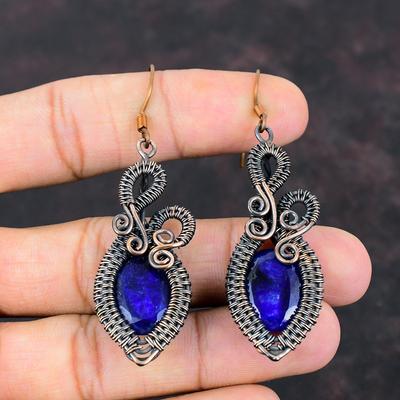 Orecchino Zaffiro Blu Sfaccettato Filo di Rame Avvolto Orecchino Fatto a Mano Gioielli Wire Wrap Pietra Preziosa Gioielli in Rame Orecchini Pendenti Regalo Per la Madre