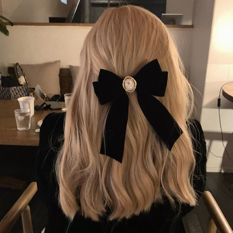 New Black Velvet Bow Hair Pins Elegant Fabric Alloy Roses Hair Clips For Women Fashion Ponytail Barrette Heawear Accessories
