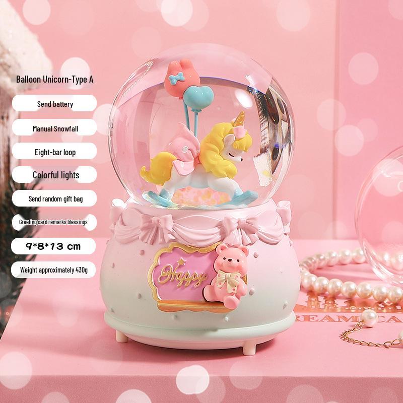 Creative Rotating Unicorn Crystal Ball Music Box with Luminous Snowfall
