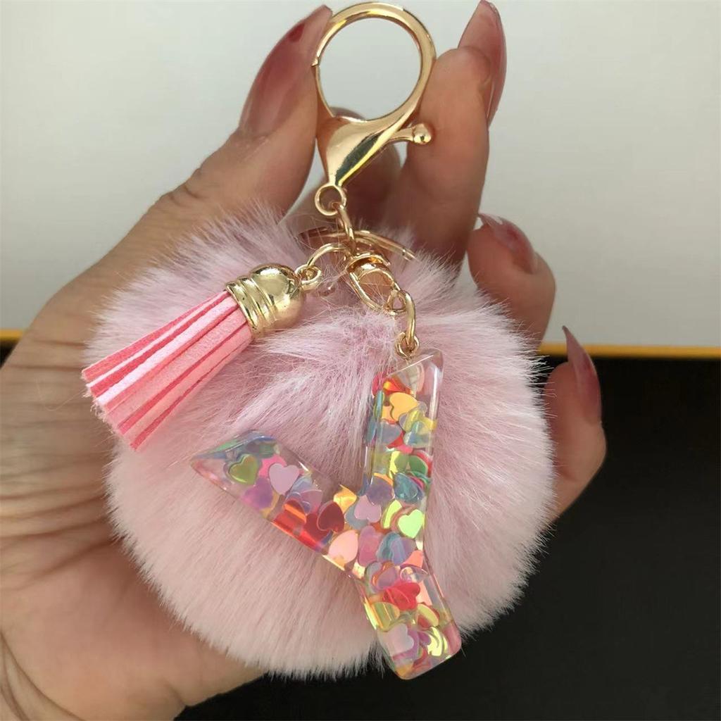Trend Acrylic Pink Pompom Glitter 26 Initials Letter Keychain With Fluffy Resin Alphabet Charms Key Pendant Party Gift