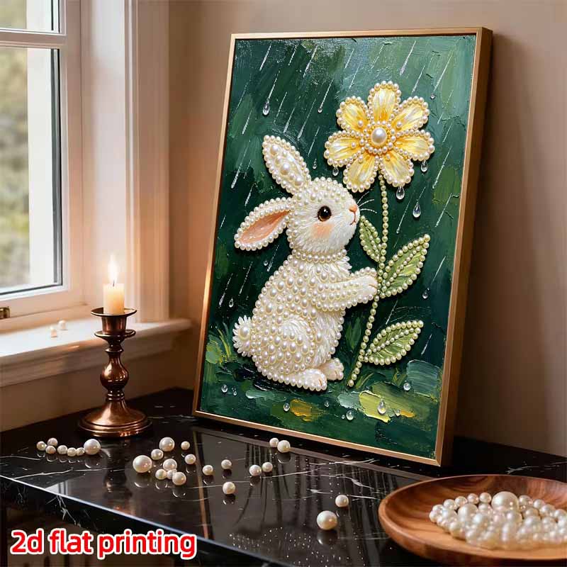 DIY Frameless Pearl Painting Kit Cute Rabbit Flower 3D Shiny Bead Art Canvas Relaxing Creative Craft for Home Wall Decor Gift