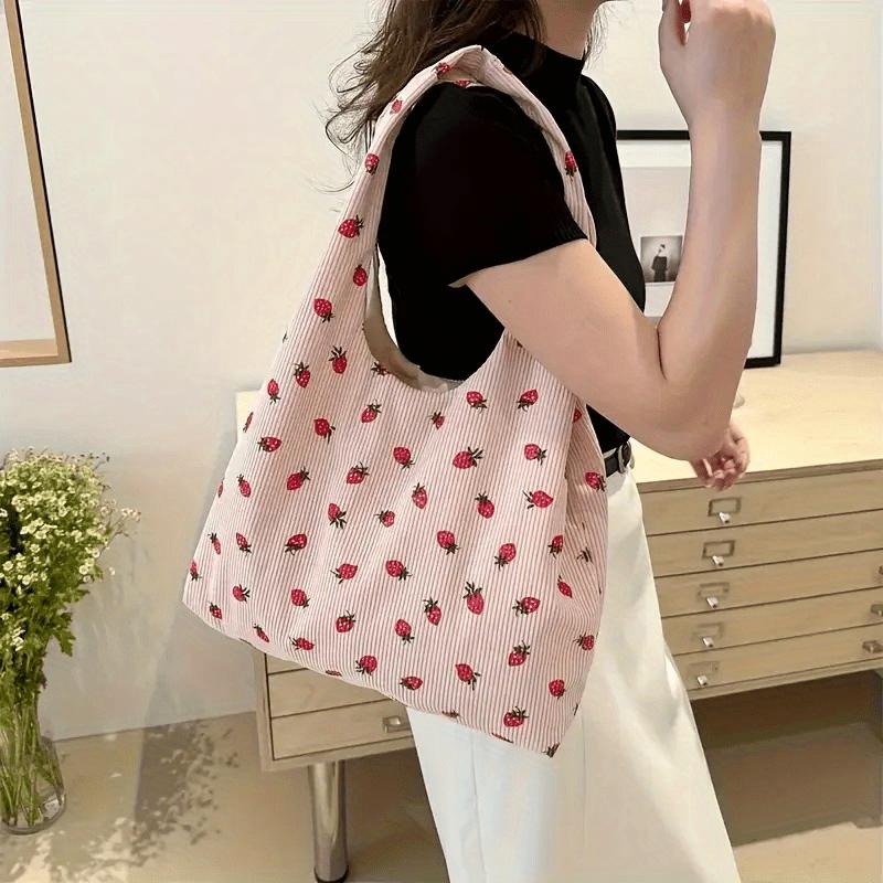 Strawberry Tote Bag Large Capacity Strawberry Pattern Tote Bag Women's Fashion Shopping Bag with Fixed Strap, Casual Travel Tote