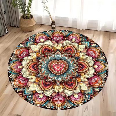 Tapis Rond Imprimé Mandala Mystère Chakra Coloré 3D Méditation et Yoga Antidérapant Lavable en Machine pour Chambre à Coucher et Salon