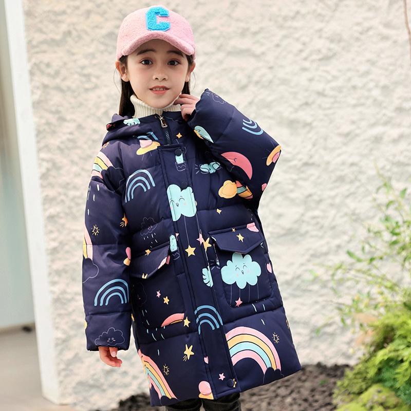 

Зимнее длинное пуховое пальто для девочек, теплое и ветрозащитное, очень толстая детская верхняя одежда 100cm тёмно-синий