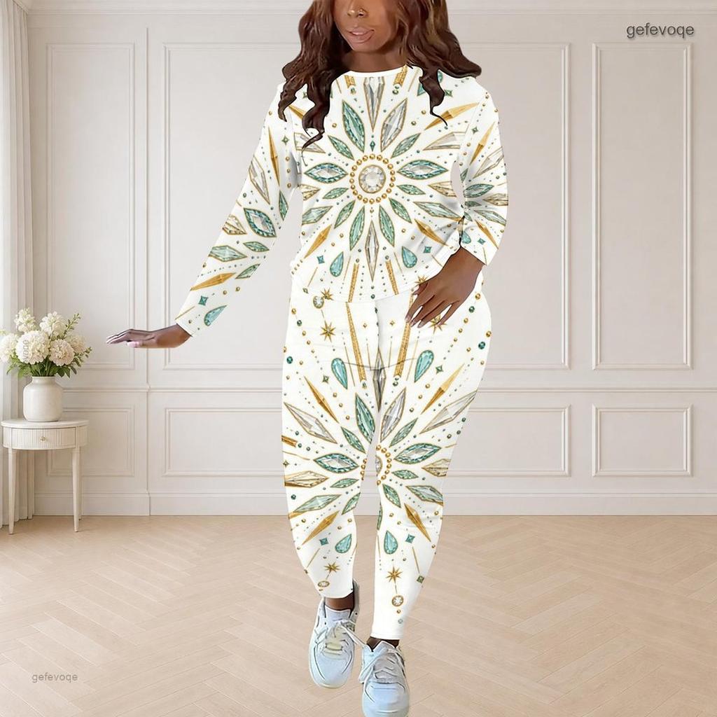 Women Plus Size Round Neck Long Sleeve Floral Printed Top And Fitted Pants Two Piece Set