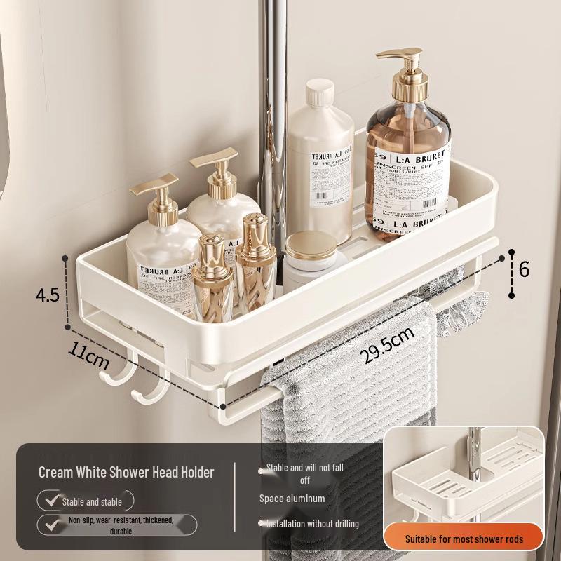 Universal No-Drill Shower Head Holder & Shelf for Bathroom Rods