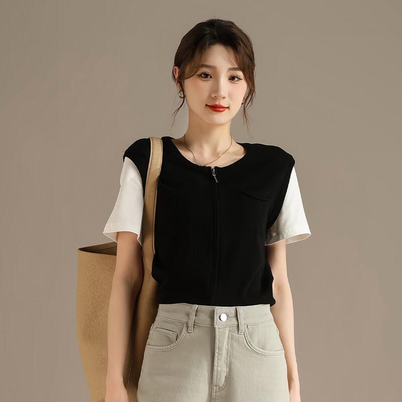 RAIN.CUN Women's Zipper Detail Knitted Short Sleeve Top