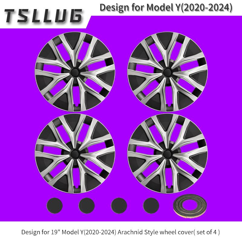 TSLLUG 4PCS 19 Inch Hub Cap for Tesla Model Y 2020-2024 Arachnid Style Replacement Automobile Hubcap Full Rim Cover Accessories Tesla