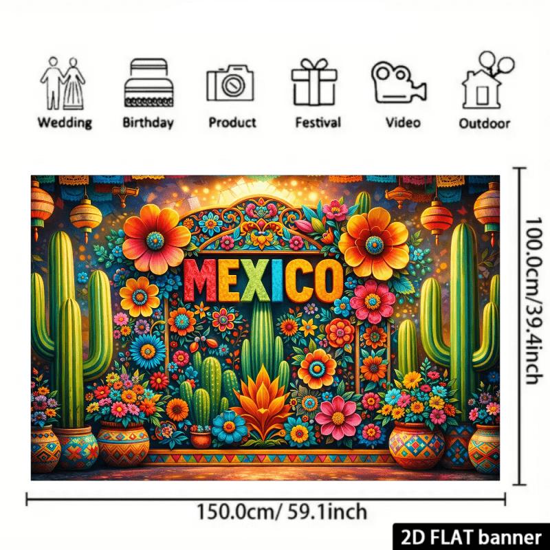 2D planar Mexican-style background fabric with colorful arches, cacti, skull decorations, lanterns and colorful flowers