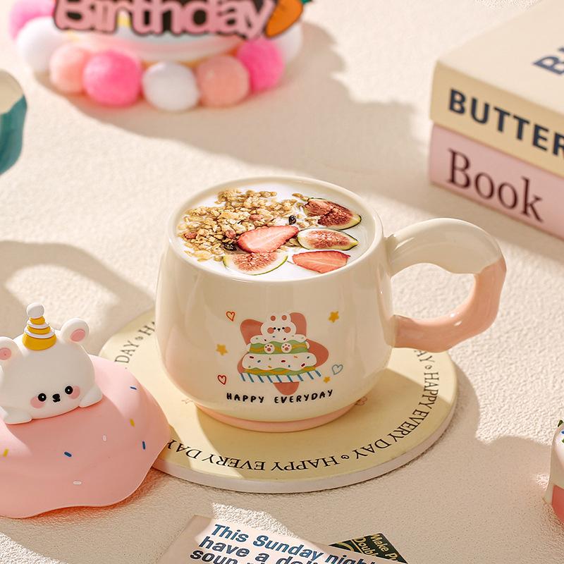 Cute and Beautiful Birthday Gift Ceramic Cup with Lid Mug Couple Cup Bestie Souvenir Office Water Cup
