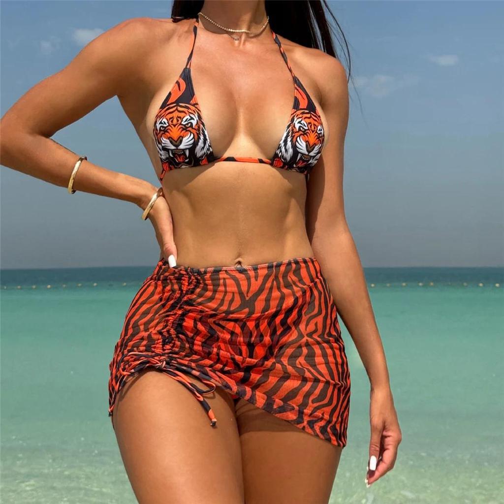 New Tiger Printed With Skirt Halter Bikini Women Swimwear Female Swimsuit Three-pieces Bikini set Bather Bathing Suit Swim