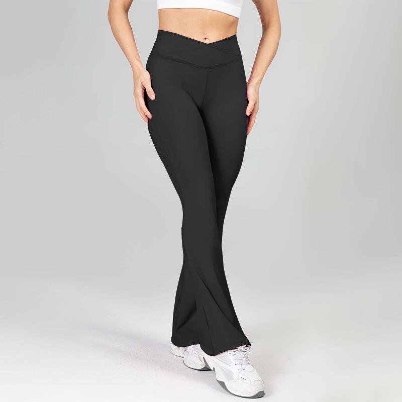 Sheer-effect Flared-leg Pocket Yoga Trousers: High-waisted, Bum-lifting, Slimming, Stretchy Fitness Trousers; Flared Wide-leg Sports Trousers