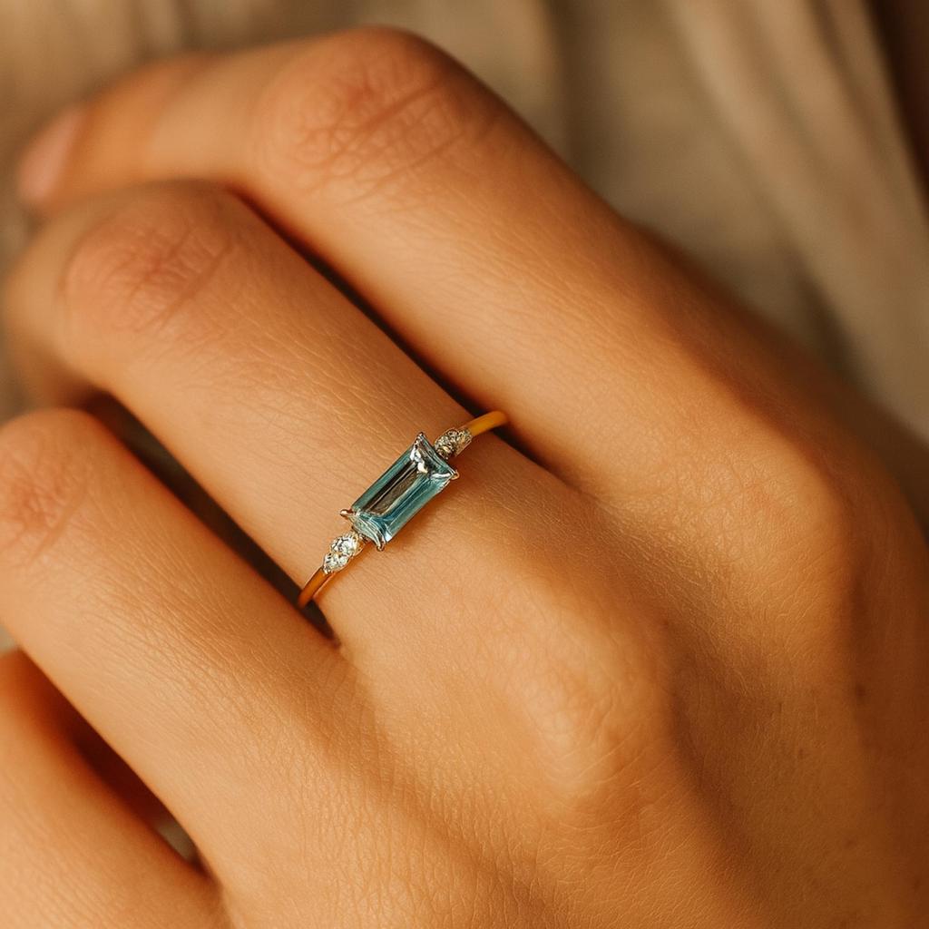 Baguette Aquamarine Ring with CZ Accents – Dainty Gold Plated 925 Sterling Silver Band – Women’s Promise Engagement Ring