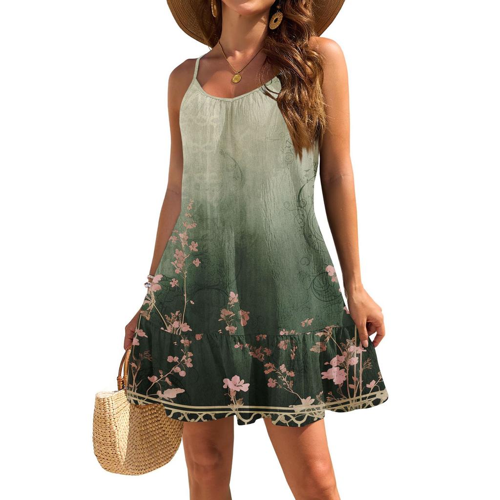 Women's Dresses Sleeveless Loose Casual Floral Print Hem Pleated Beach Dresses