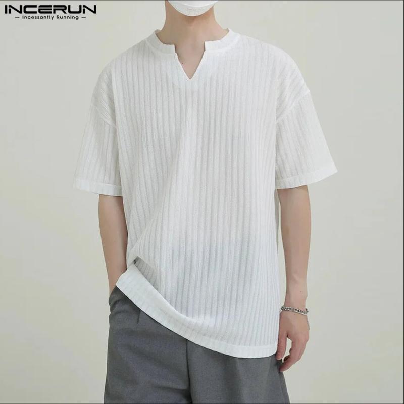 INCERUN Men Short Sleeves Solid Color See Through Casual Loose T-Shirts
