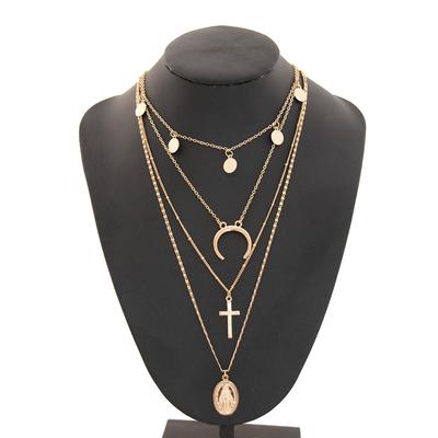 Gold-plated Fashion Vintage Cross Moon Jesus Notre Dame Bohemia Multilayer Necklace Pendant
