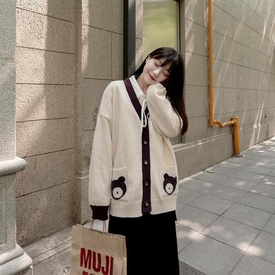 Japanese Style Bear Print Cardigan Sweater Women JK V-neck Oversized Knitted Jumper Female Preppy Fashion Kawaii Coats
