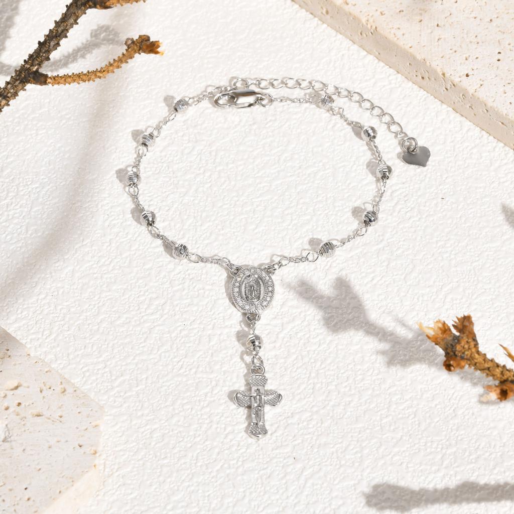 Bracciale Rosario Vergine Colore Argento per Donna, Braccialetti a Catena Serpente con Crocifisso e Perline in Acciaio Inossidabile, Gioielli Cattolici