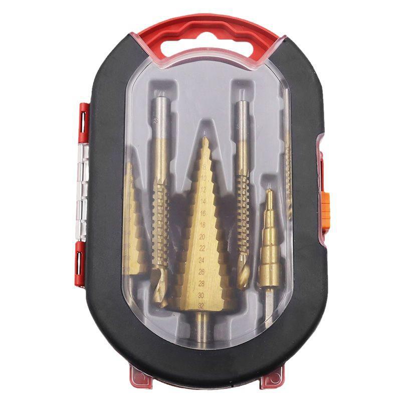 6-Piece Serrated High-Speed Steel Pagoda Drill Bit Set In Plastic Box – Ideal for Hole Opening, Expansion, and Step Drilling.