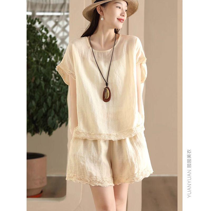 Cotton Linen Lace Trim Set Women's Skirt Suit Ensemble Elastic Material Made in China Versatile Fashionable Ladies Outfit