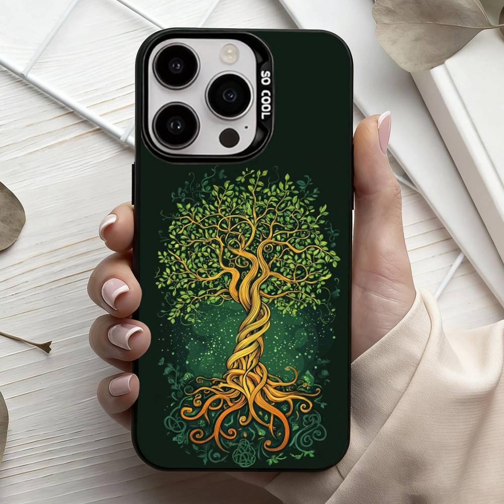 W-World L-Life Tree Mobile Phone Case For iPhone17,16,15,14,13,12,11 Plus,Pro Max Black Candy Silver Plated Cover