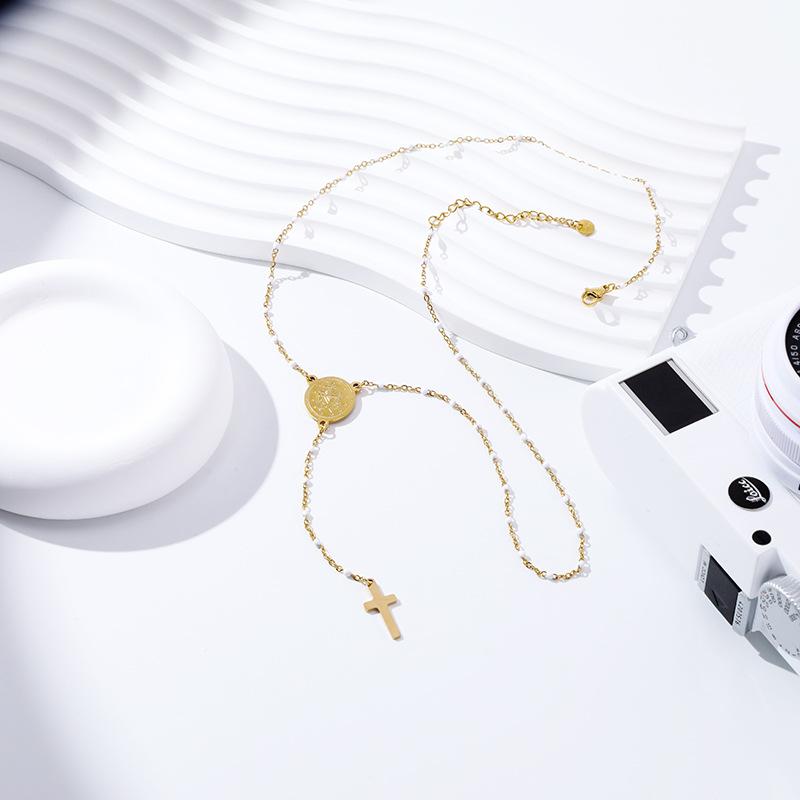 Long virgin mary pendant with enamel and stainless steel chain - gold women s necklace