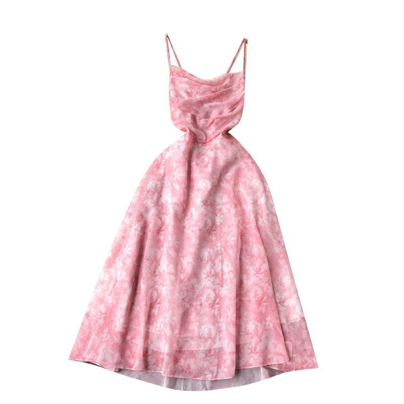 French Hollow Midriff Outfit Summer Floral Chiffon Suspender Skirt