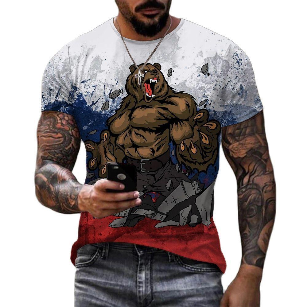 Summer Round Neck 3D Russian Bear Print Top Fashionable Casual Short Sleeved Men's T-shirts