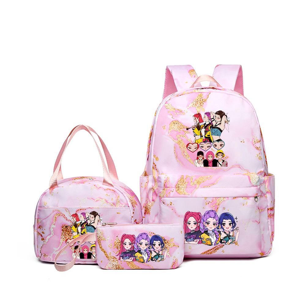 Demon Hunters Three-Piece Children'S School Bag Large Capacity 3D Digital Color Printing Kindergarten School Bag Meal Bag Pencil Bag