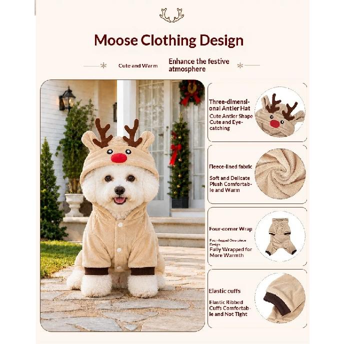 Reindeer One-Piece Four-Legged Pet Outfit for Small To Medium Dogs Christmas Theme Pet Clothes