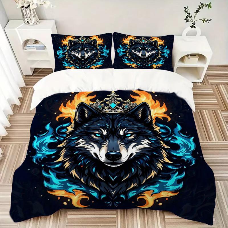 3pcs Flame Crowned Wolf Quilt Cover Set (1 Quilt Cover + 2 Pillowcases Without Pillow Core), High-Definition Printing for Home and Dormitory.J048