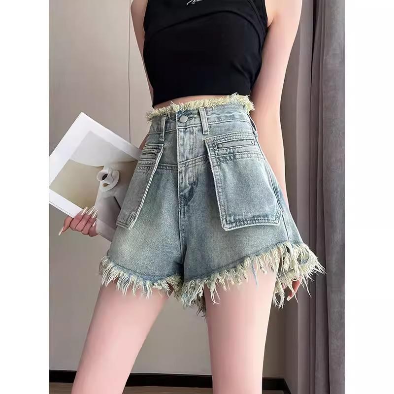 Women's High-Waisted Fringed Denim Shorts - Retro Loose Fit, Wide Leg, Summer Style