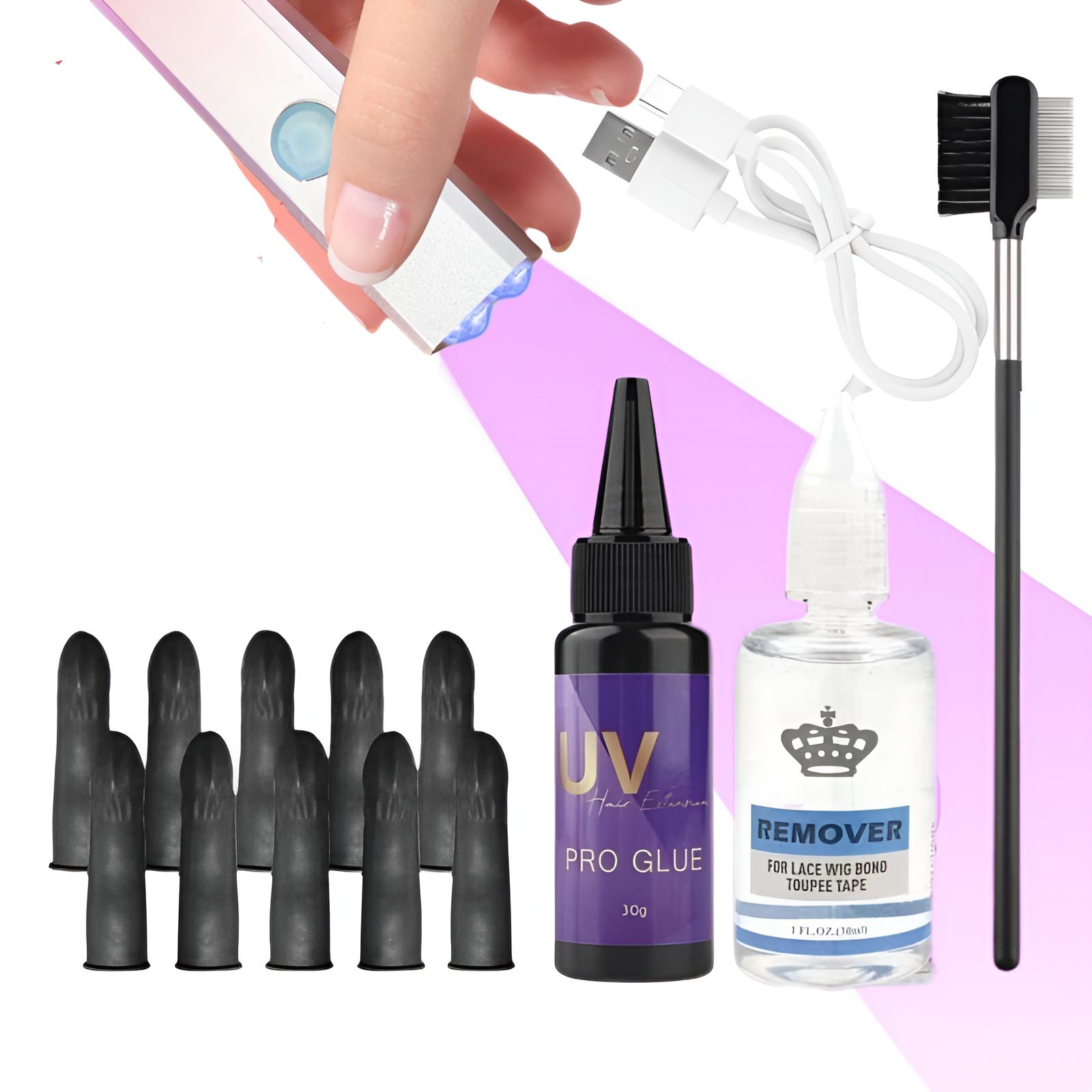 

Профессиональный УФ-набор для наращивания волос VLight, УФ-лампа салонного класса, Быстросохнущий клей/инструменты для невидимых водонепроницаемых соединений, Долговечные салонные результаты дома A Set