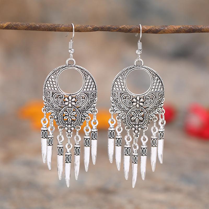 Retro Tibetan silver fringed earrings women's long temperament versatile earrings fashion personality vacation earrings