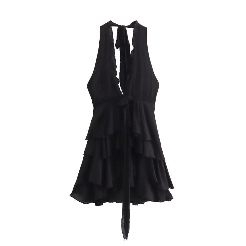 

European American Women s Clothing Summer Sexy Backless Figure-fitting Neck-collar Dress XS чёрный