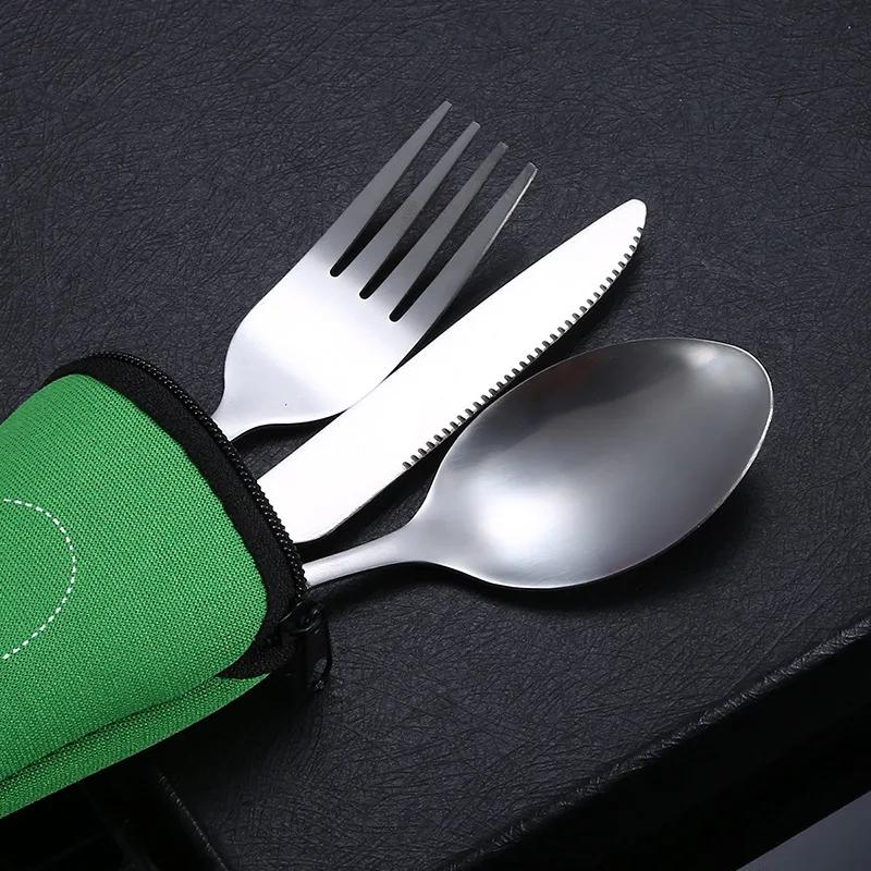 3pcs/7pcs Set Dinnerware Portable Printed Stainless Steel Spoon Fork Steak Knife Set Travel Cutlery Tableware with Bag