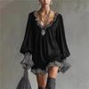 Boho Style Woman Mini Dress Spring V Neck Patchwork Wood Ear Lace Party Dress Solid Loose Long Sleeve A-Line Dress Vestidos