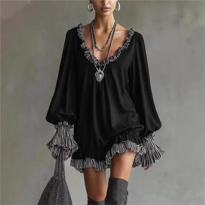 Dámské minišaty v boho stylu Jarní V-výstřih Patchwork Krajka s dřevěnými detaily Společenské šaty Jednobarevné Volné Šaty s dlouhým rukávem A-line Šaty