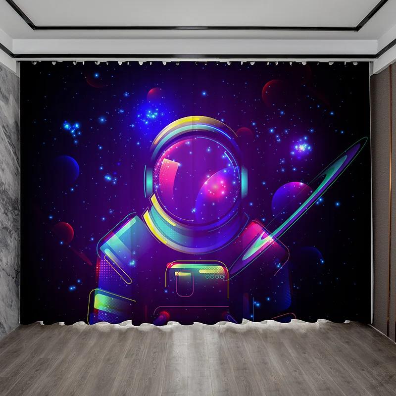 Personalized Creative Astronaut Pattern High Blackout Curtains Technology Sense Starry Sky Space Shading Drape Bedroom Curtain