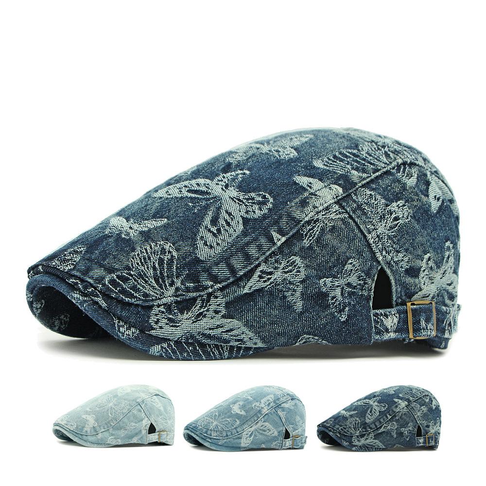 Denim Beret Women's British Vintage Forward Hat Sunscreen Sun Hat Jacquard Butterfly Cap