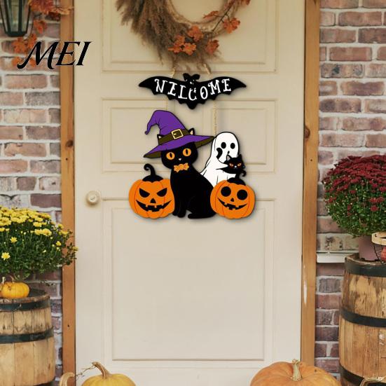 Pumpkin Wall Plaque Halloween Wooden Welcome Door Sign, Ghost Bat Hanging Decor Indoor Outdoor Decoration for Yard, Home Party Entrance Rustic