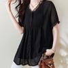 Pendler Plissierte Einfarbige Bluse Sommer Kurzarm Stilvoll Essbarer Baum-Pilz Basic Damenbekleidung Elegantes V-Ausschnitt Hemd Neu