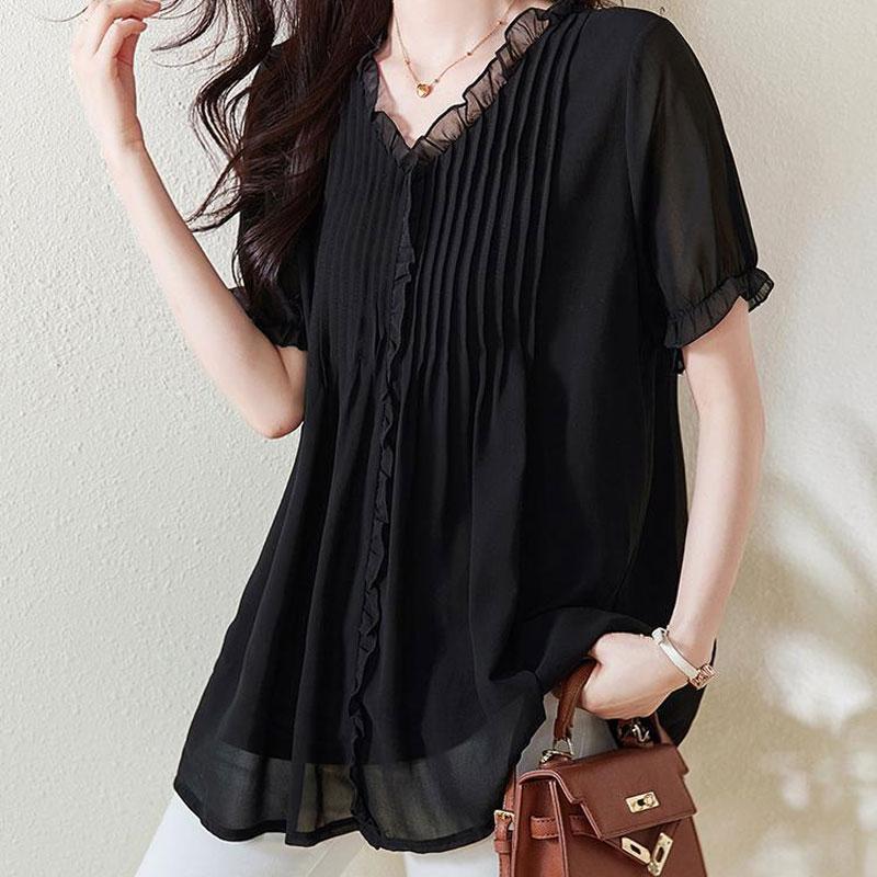 Pendler Plissierte Einfarbige Bluse Sommer Kurzarm Stilvoll Essbarer Baum-Pilz Basic Damenbekleidung Elegantes V-Ausschnitt Hemd Neu